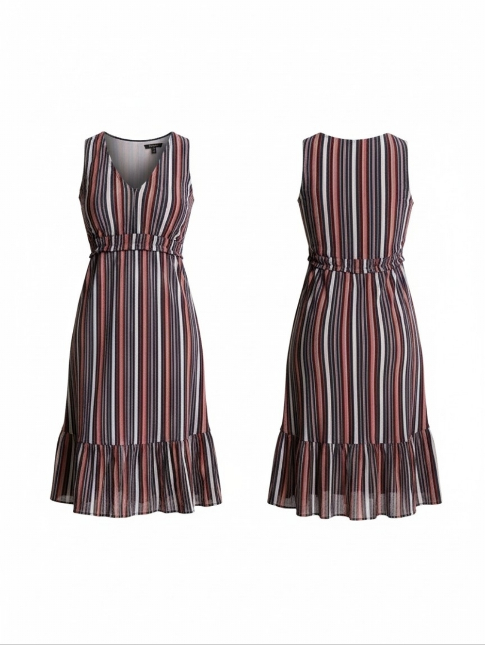 Superfoxx V Neck Midi Dress in Accordion Stripe Navy Blue and White Size Sm NWT